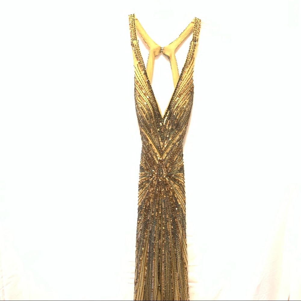 Gold sequenced prom dress with tail